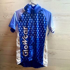 Mens GloWear blue white polka dot  zip biking jersey size M